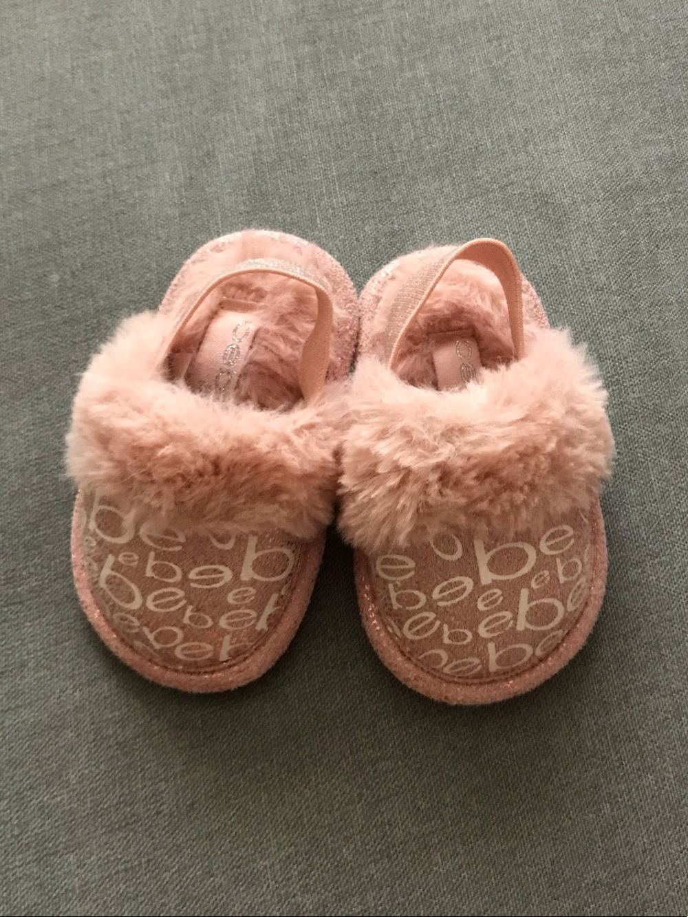 BEBE Blush Pink Fuzzy Logo Toddler Slip-Ons